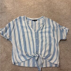 Blue & White Striped Tie-Front Button Down Top